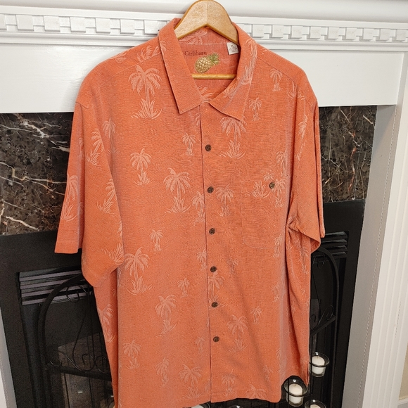 CARIBBEAN PALM PRINT WOVEN SILK BLEND SHORT SLEEVE SHIRT, CORAL XL - Picture 2 of 9